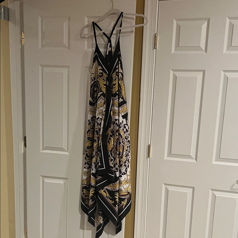 Boston Proper Black White and Gold Asymmetrical Handkerchief Hem Dress
